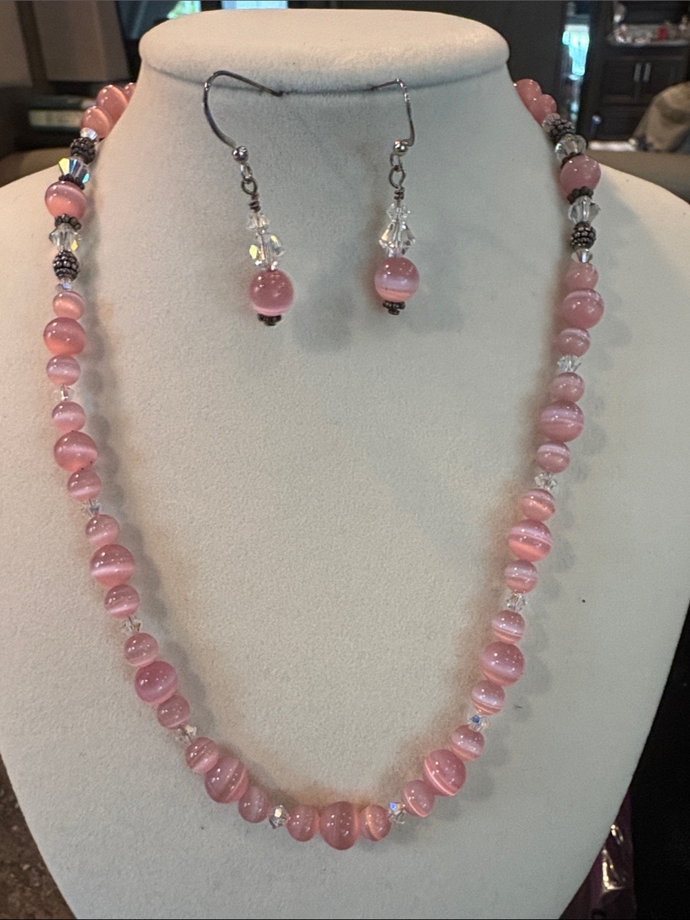 Handmade Pink Beaded Necklace and Earrings Set
